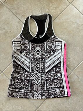 Lucky in Love Black & White Geometric Racerback Tank with Hot Pink Side Stripe